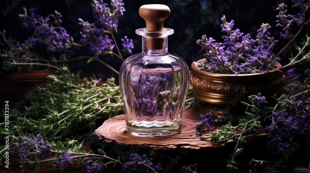 stylish perfume bottle amidst bundles of thyme and sage stylish perfume bottle amidst bundles of thyme and sage