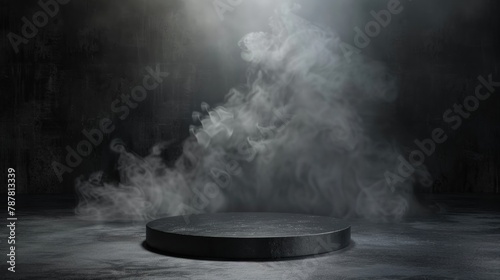Dark black floor podium dramatic empty night room table concrete wall scene place display studio smoky dust