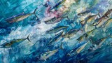 Watercolor painting of mackerel fish. Mackerel has a forked tail, the skin is finely scaled, shiny silver, and
 the body is slender and round, resembling a cylinder. Use for wallpaper, posters.