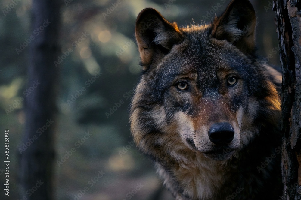 Portrait of a wolf in the forest,  Wild animals in nature