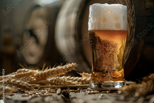 Beer in a glass on the table with ears of wheat and rye photo