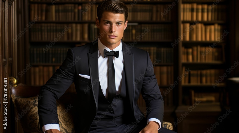 Imagine a dapper rabbit in a velvet smoking jacket, complete with a silk ascot and a top hat. Amidst a backdrop of Victorian architecture, it exudes old-world charm and refined taste. Mood: classic an - obrazy, fototapety, plakaty 