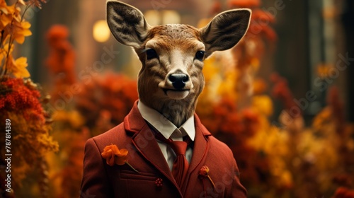Imagine a debonair deer in a velvet smoking jacket, accessorized with a silk cravat and a monocle. Amidst a backdrop of autumn foliage, it exudes woodland charm and refined taste. The vibe: rustic and photo