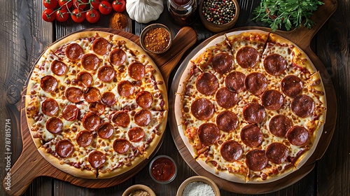 Bbq and pepperoni Pizzas top view style with spices overhead on wooden tray