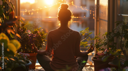 Girl meditating on the balcony in the early morning. v3 photo