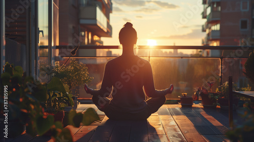 Girl meditating on balcony in the early morning. photo