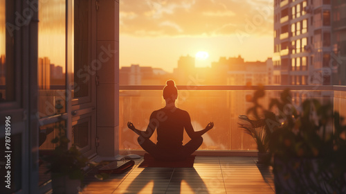 Girl meditating on the balcony in the early morning.  v2 photo