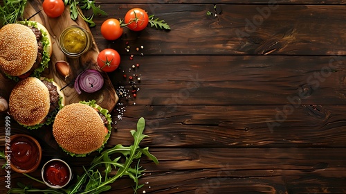 Bbq hamburger table scene top view over a dark wood background