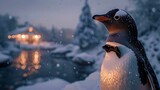 Polished penguin in a tuxedo, sporting a bow tie, against an icy landscape backdrop
