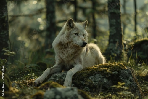 White wolf on a rock in the forest   Selective focus