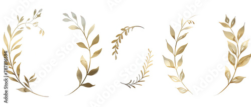 a close up of a bunch of gold leaves on a white background