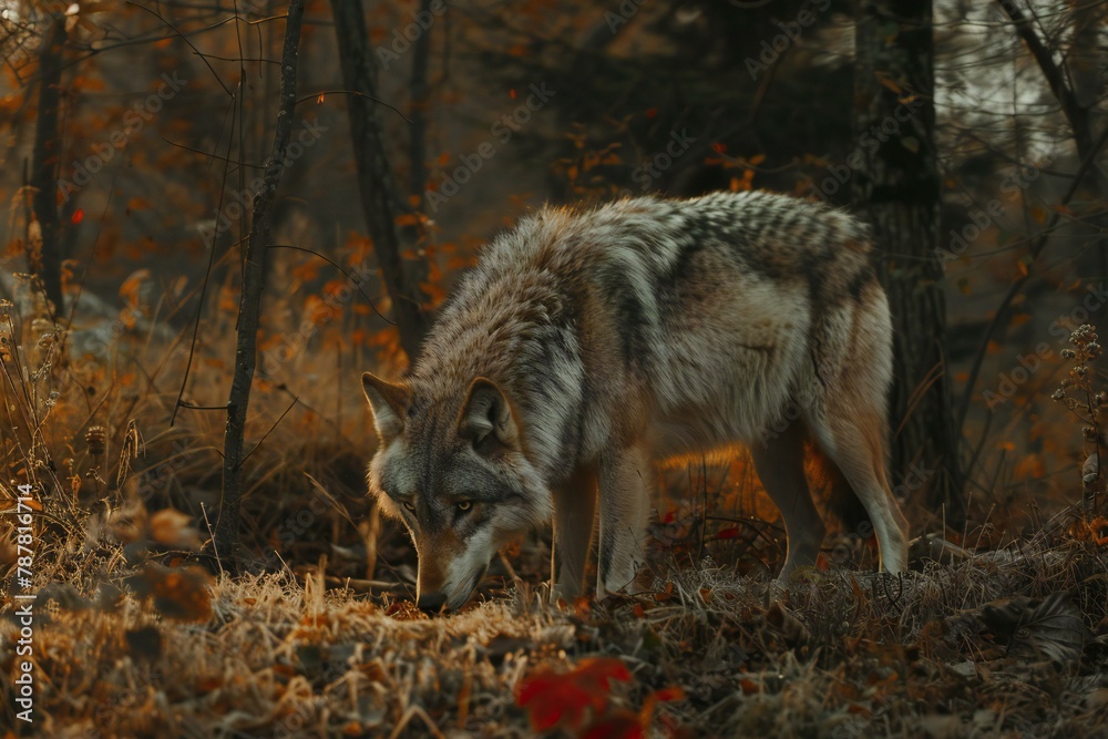 Portrait of a wild wolf in the autumn forest at sunset