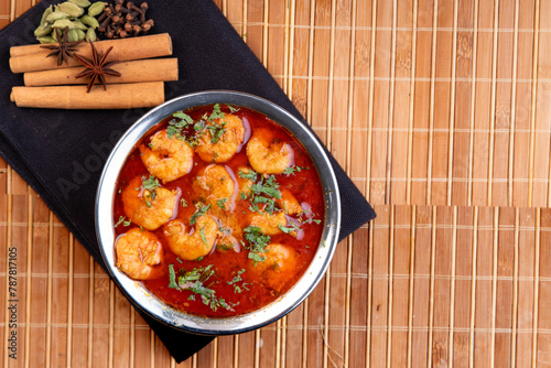 Goan, malvani and konkani style prawn gravy also known as kolambi cha kalvan. photo