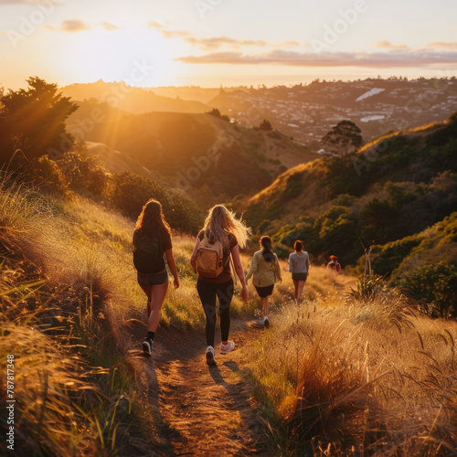Four hikers with backpacks walking on a trail in the mountains at sunset, with golden sunlight illuminating the scene. 