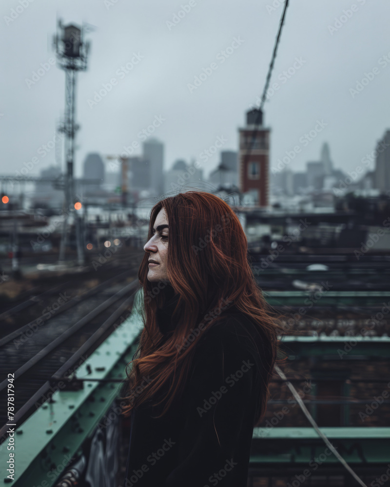 Young adult woman portrait with a city scene background.