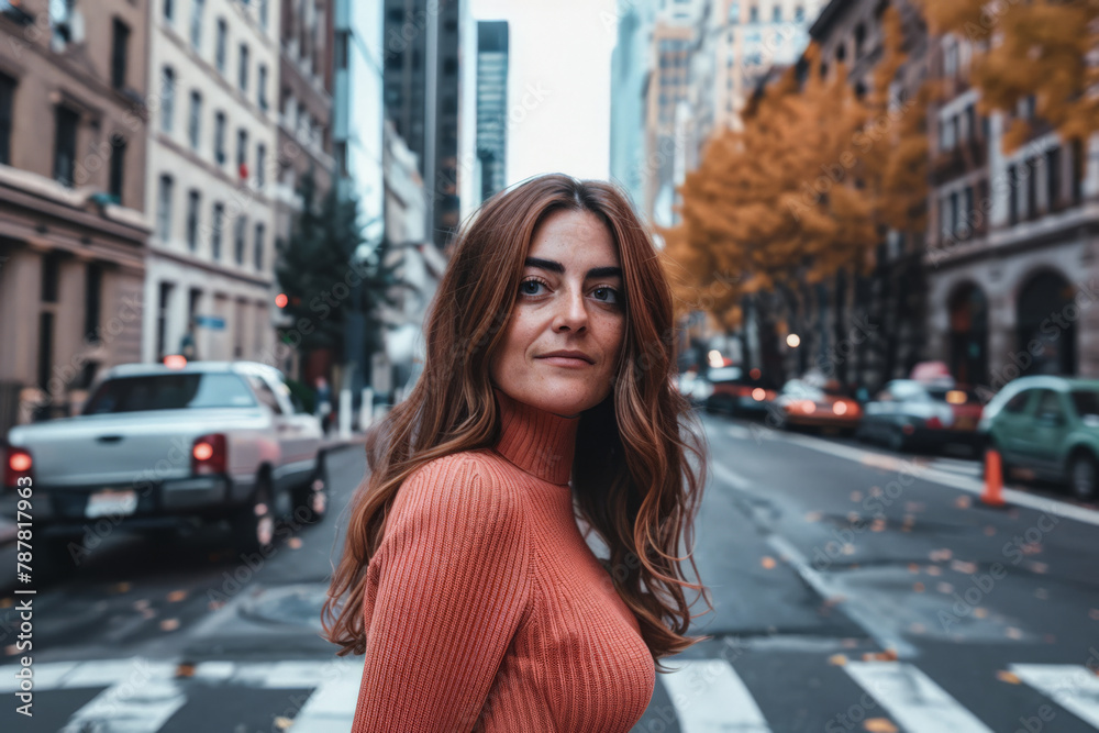 Young adult woman portrait with a city scene background. Young adult woman portrait with a city scene background.