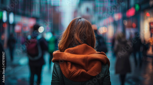 Young adult woman portrait with a city scene background.