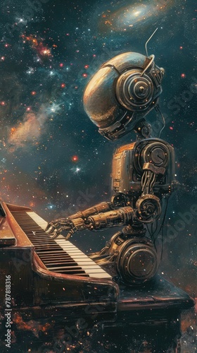 A robot playing the piano in the universe, with galaxies in the background