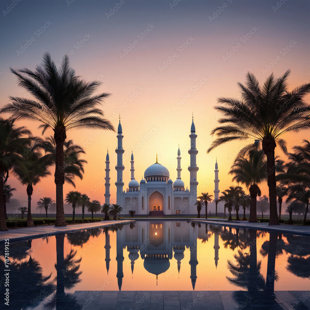 Ethereal glow surrounding a picturesque mosque at dawn with generative ai