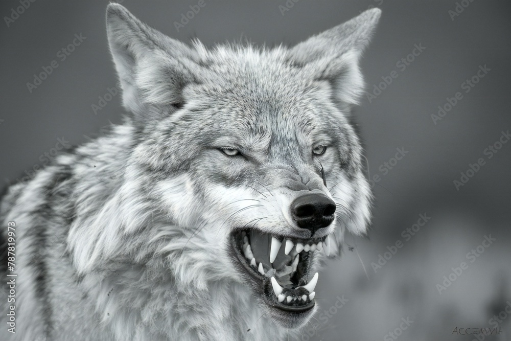 Black and white portrait of a wolf with open mouth showing teeth
