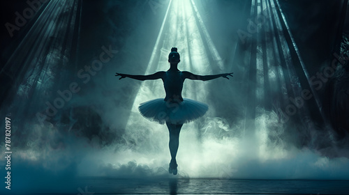 silhouette of a ballerina on stage in smoke and dramatic, generative Ai © Zoya