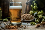 Glass of beer with grains and hop on a wooden table,  Beer background