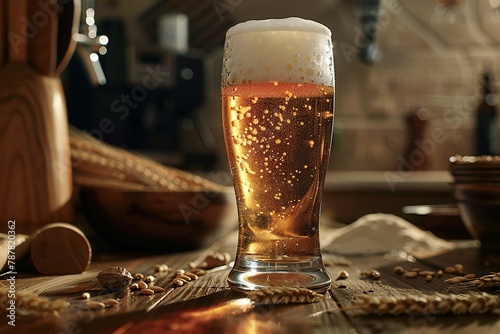 Glass of beer on a wooden table in a pub, beer background