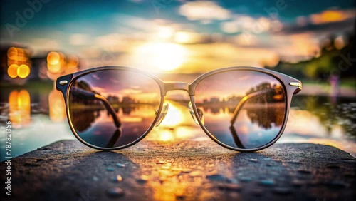 sunglasses on the edge of the lake with the sunrise in the background photo