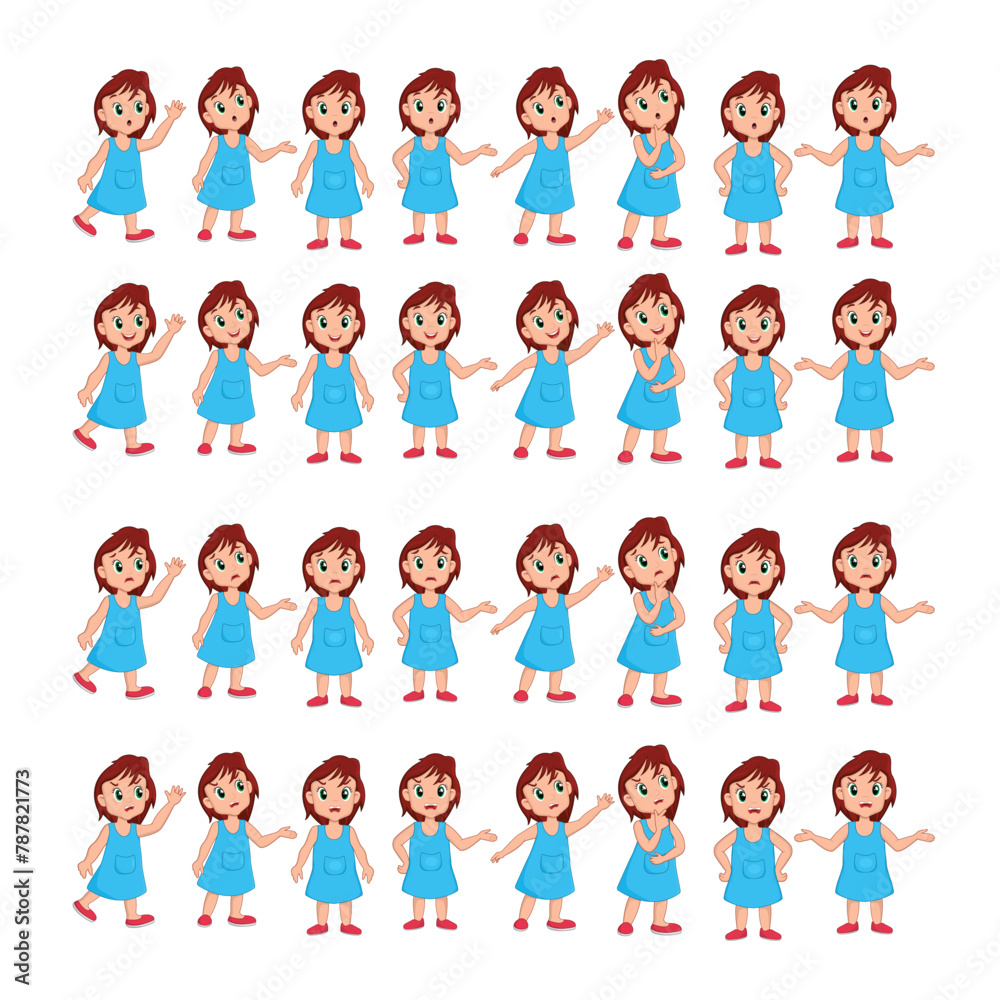 Big cute girl set with happy, sad, worried, angry, gesture or expression with multiple posses vector illustration Big cute girl set with happy, sad, worried, angry, gesture or expression with multiple posses vector illustration