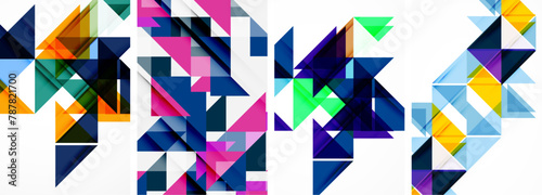 An array of vibrant triangles in shades of purple, magenta, and violet on a white background, showcasing creativity in geometric art