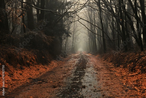 Road in the forest in the foggy morning,  Foggy autumn landscape