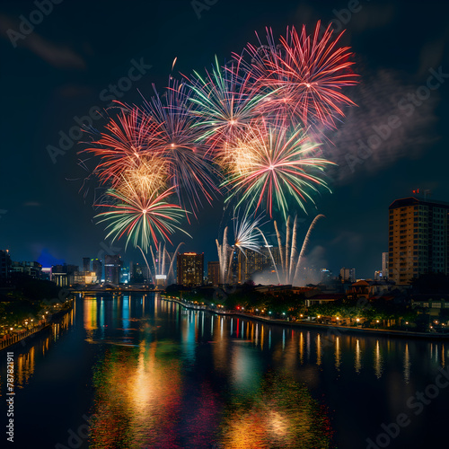 Colorful fireworks with beautiful river background.