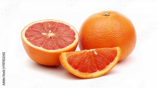 A whole grapefruit and sliced grapefruits isolated on a white background in a studio shot.