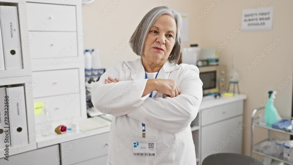 Mature woman scientist with grey hair and lab coat, arms crossed in a laboratory setting. Mature woman scientist with grey hair and lab coat, arms crossed in a laboratory setting.