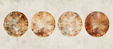 three oval shaped paintings of rusted paint on a wall