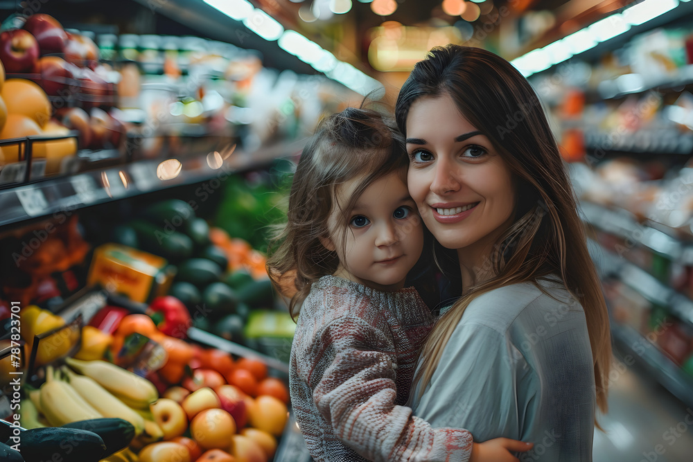 A family with mom and little daughter shopping in a grocery store.