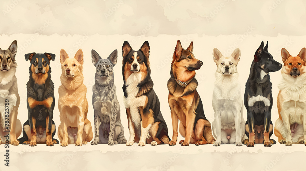 small and large dogs border set full-length, generative Ai