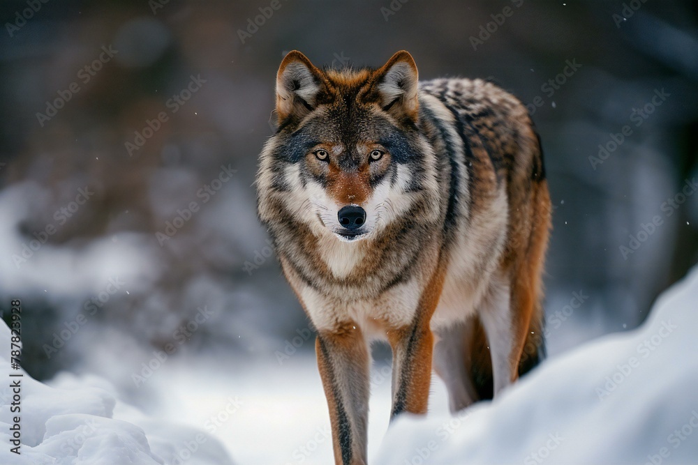 Portrait of a wolf in winter forest,  Animal in nature