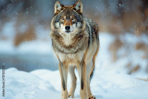 Portrait of a wolf in winter forest, Animal in nature