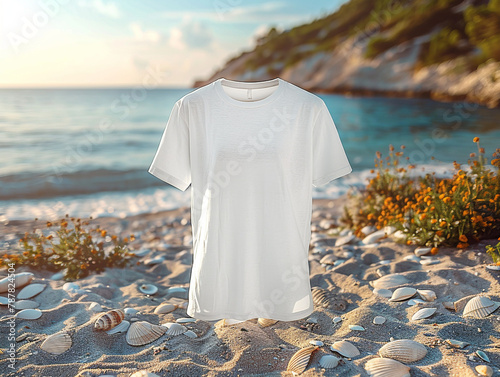 White Bella Canvas Tshirt mock up over the sea and beatch, sand, shells and greenery, eco product advertisement. Shirt