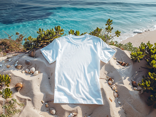 White Bella Canvas Tshirt mock up over the sea and beatch, sand, shells and greenery, eco product advertisement. Shirt
