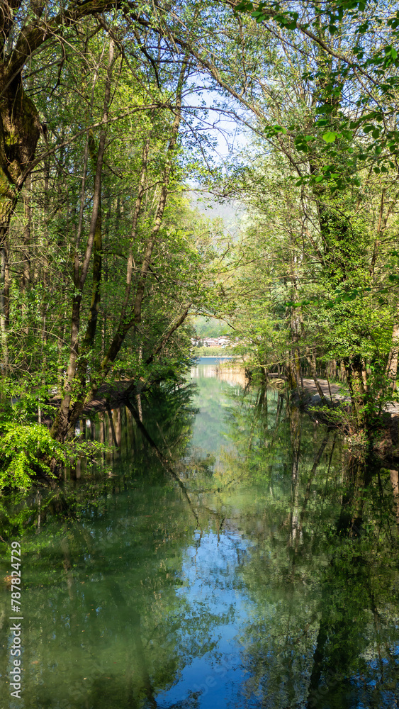 Endine lake, Bergamo, Italy. Wonderful view of the lake in summer. Touristic destination. The lake is a protected natural environment classified as a natural park