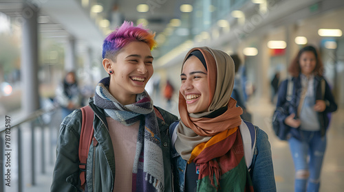 diverse female students, queer student friend with muslim girl