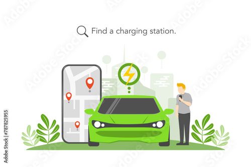 Electric car, Find a charging station, Smartphone screen with city map navigation, Smart city transportation and vehicle technology net zero emission, Environmental care and use clean green energy.