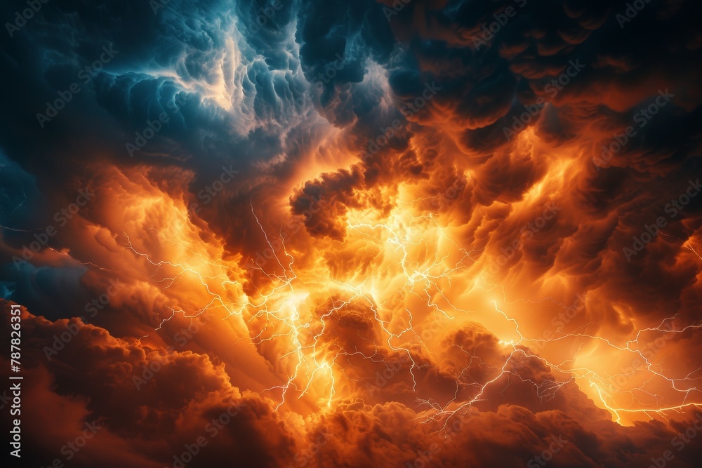 Fototapeta premium A stormy sky with orange and blue clouds