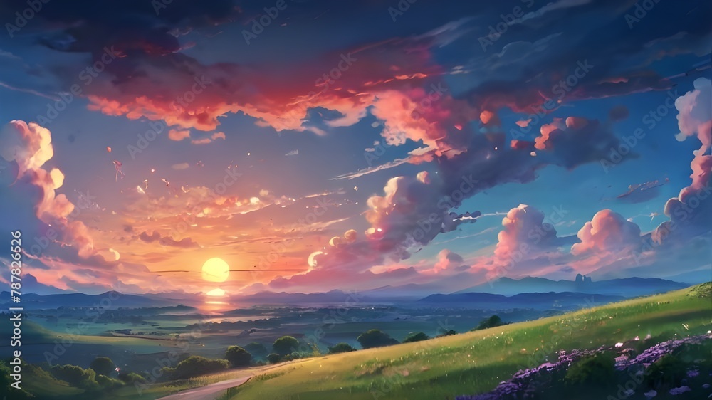 Anime fantasy wallpaper background concept : Dramatic mountain landscape ablaze with orange, red and yellow hues as day transitions from dusk to twilight, generative ai - obrazy, fototapety, plakaty 