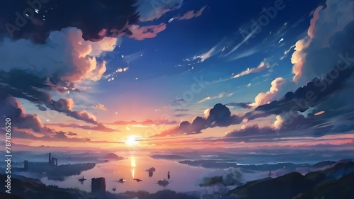 Anime fantasy wallpaper background concept : Dramatic orange and red sunset paints the sky over majestic mountains, generative ai