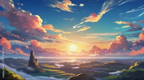 Anime fantasy wallpaper background concept : Dramatic mountain landscape ablaze with orange sunlight at dusk, generative ai