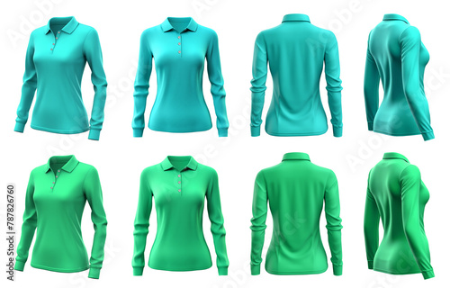 2 Set of woman turquoise blue green front, back and side view collar long sleeve slim fit polo tee shirt on transparent background cutout, PNG file. Mockup template for artwork graphic design
