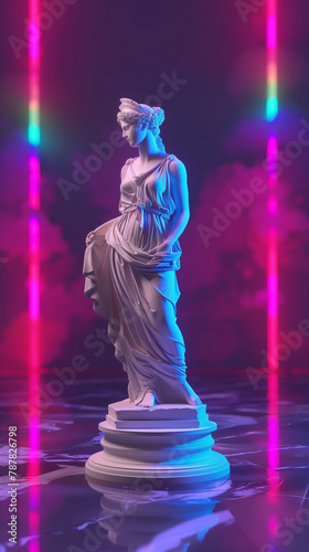 A 3D rendering of a Greek woman statue is showcased in a photographer's studio, illuminated by colorful neon lights against a dark background. This dynamic composition adds a modern twist to classical